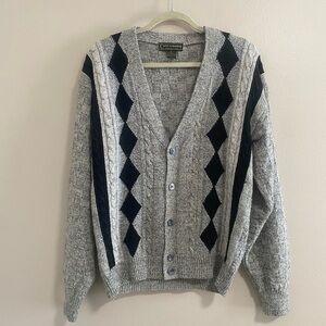 Vintage Croft & Barrow Grey Argyle Knit Cardigan Sweater Size Medium